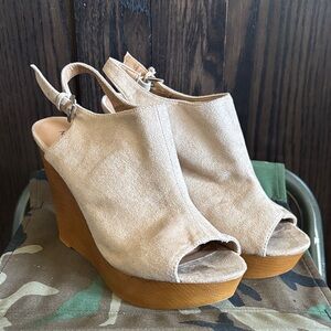 Nine West Beige Suede Peep-Toe Slingback Wedges